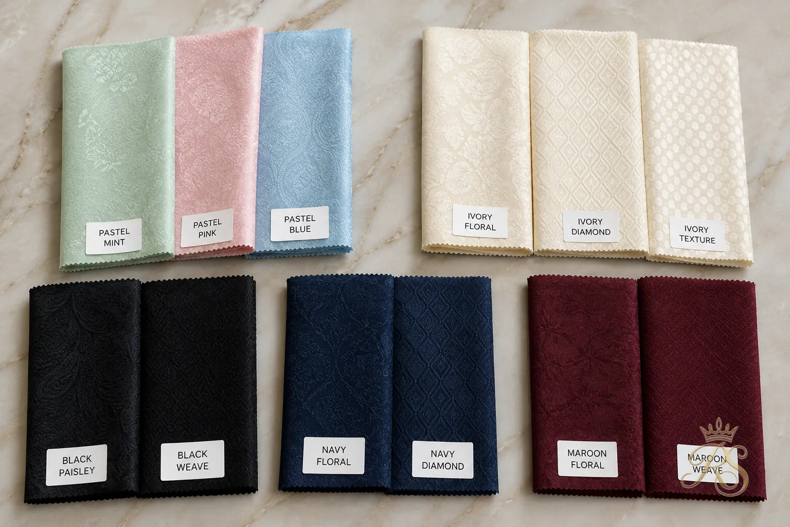 Flatlay of bandhgala jacket fabric swatches in different colors for various wedding functions