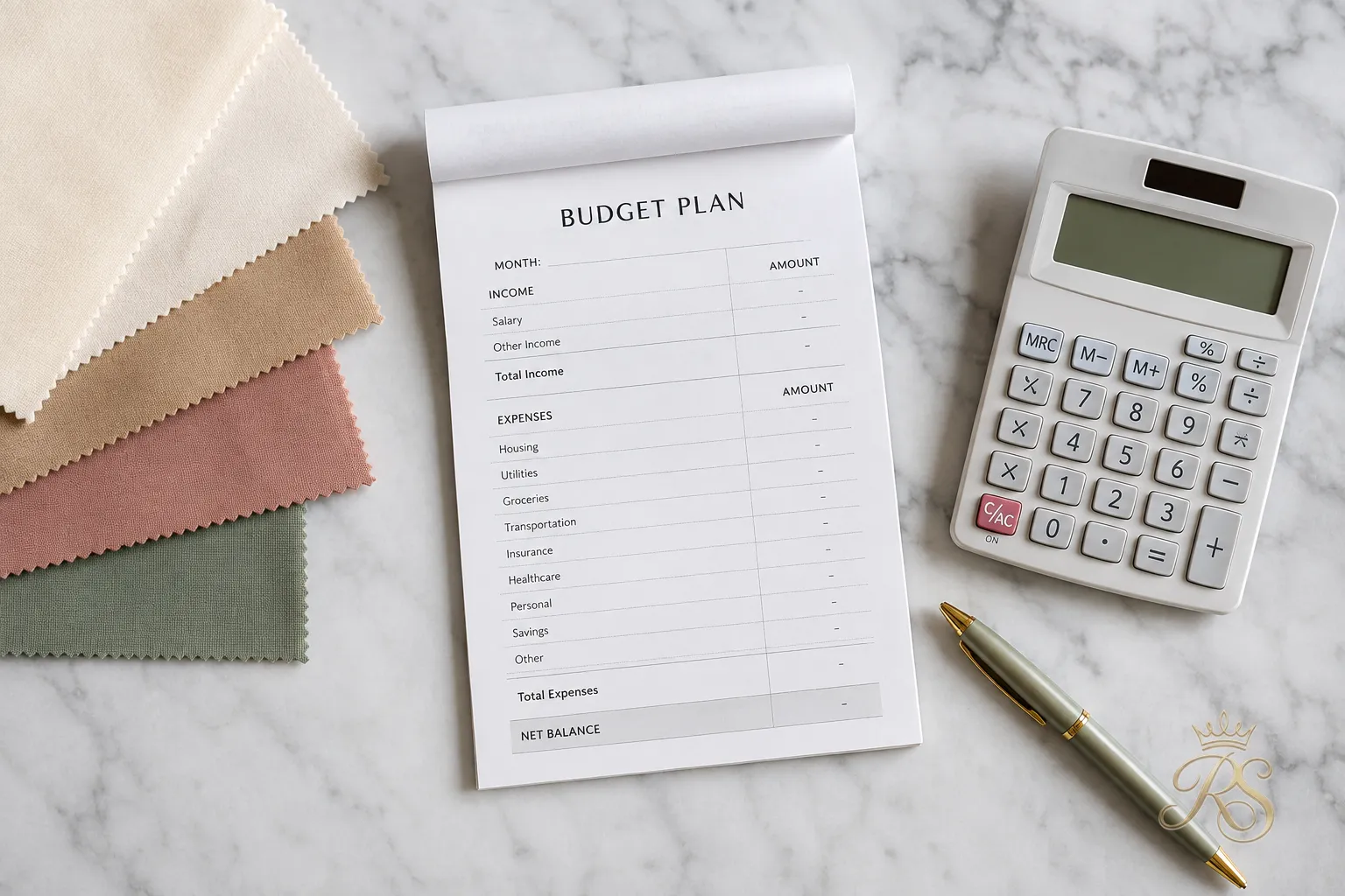 Flatlay of a bandhgala jacket budget planning sheet with fabric swatches and notes