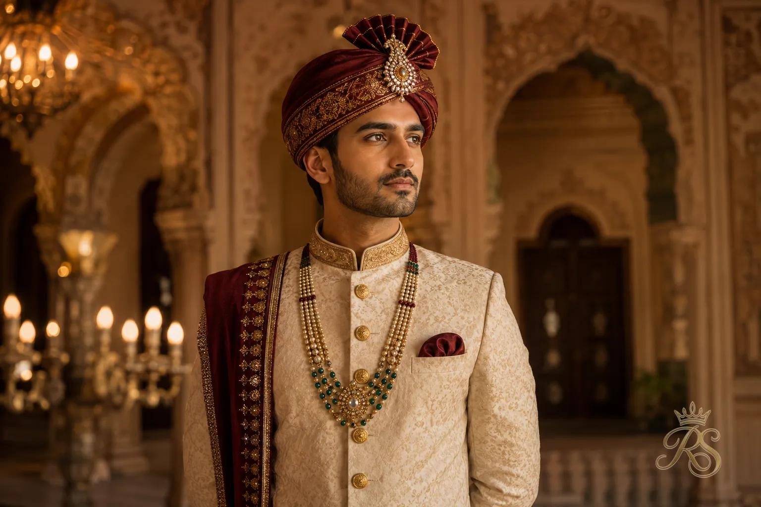 Portrait of a groom in a royal-style bandhgala jacket inspired by Jodhpur nobility fashion