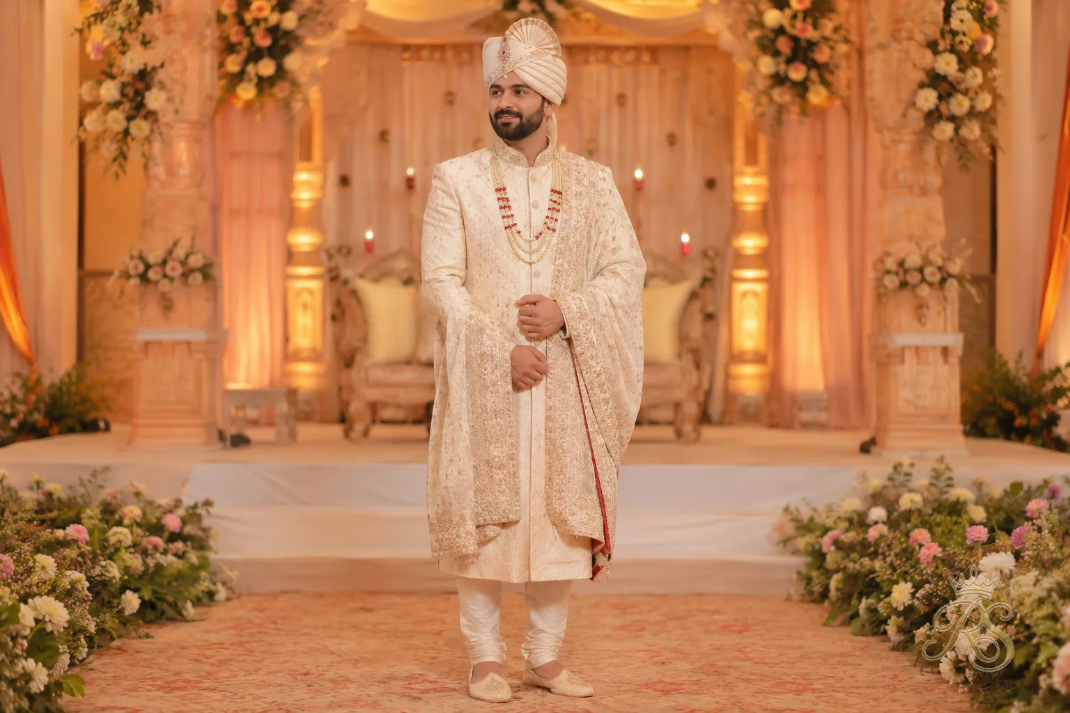 Groom wearing a traditional embroidered sherwani for the wedding ceremony