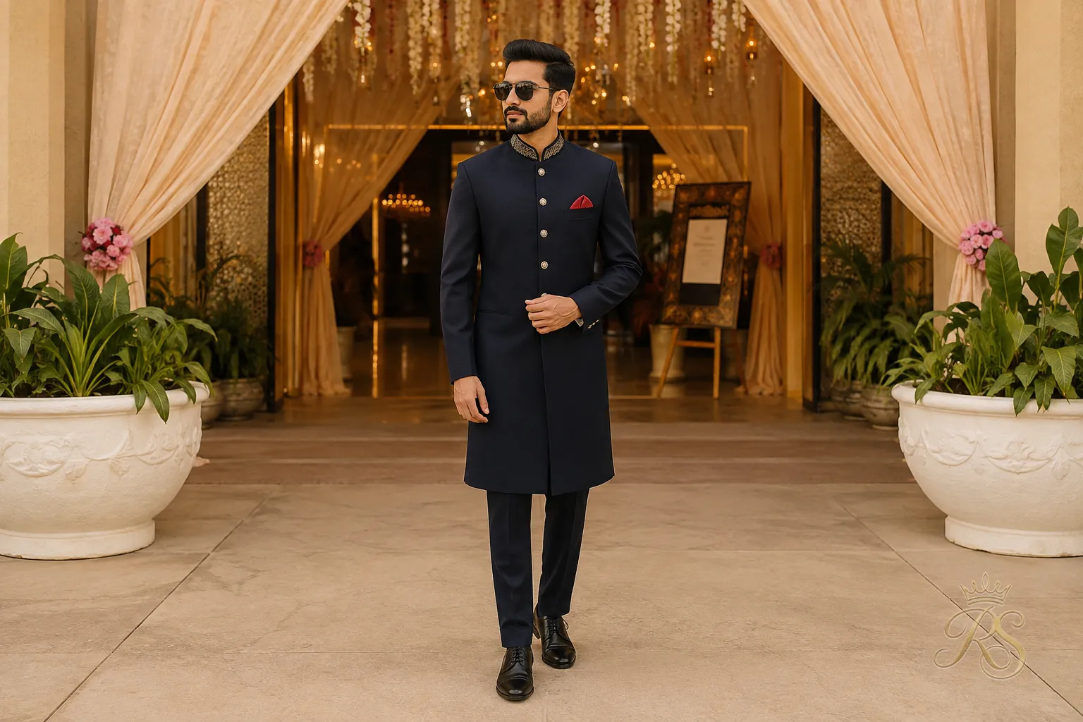 Groom wearing a tailored bandhgala jacket standing confidently at a wedding venue