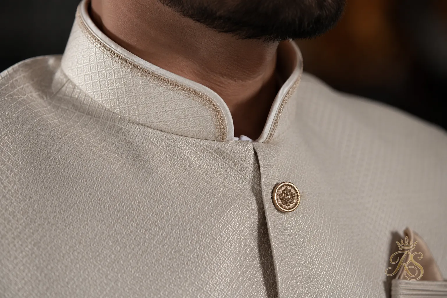 Close-up of a bandhgala jacket's structured mandarin collar