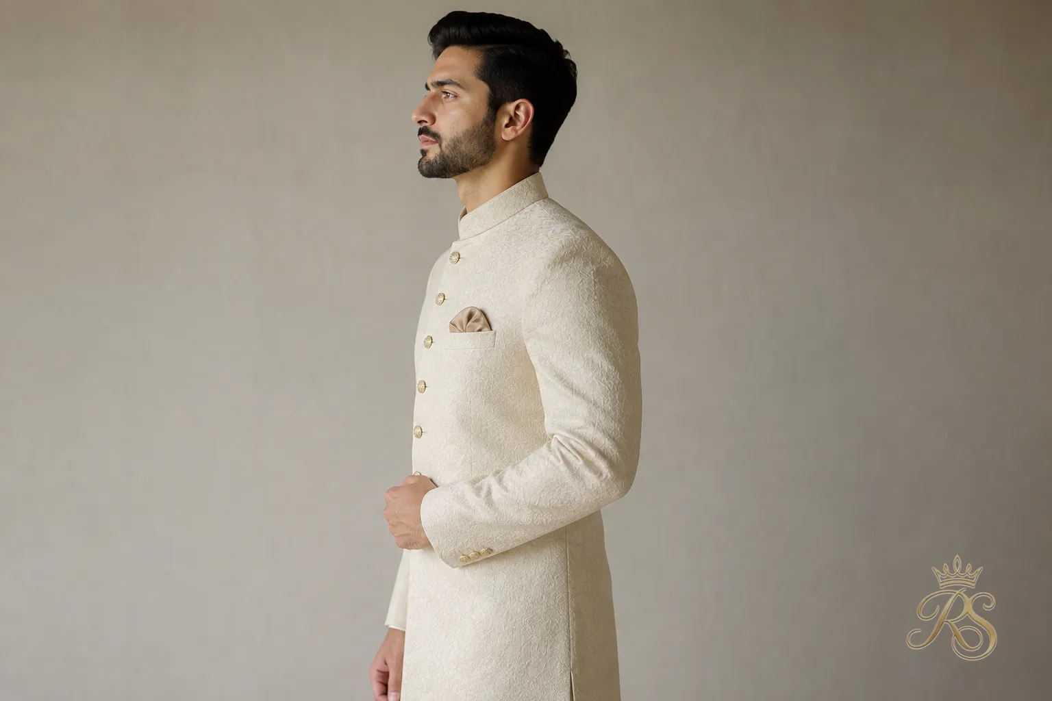 Side profile of a well-tailored bandhgala jacket showing structured fit