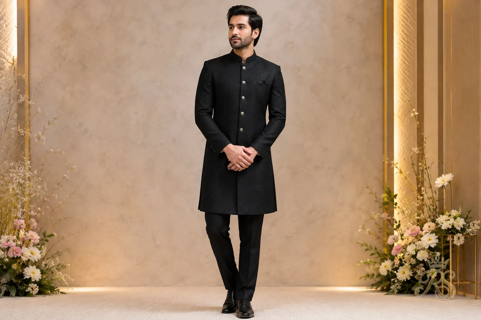 Groom wearing a formal black bandhgala jacket standing for a wedding portrait