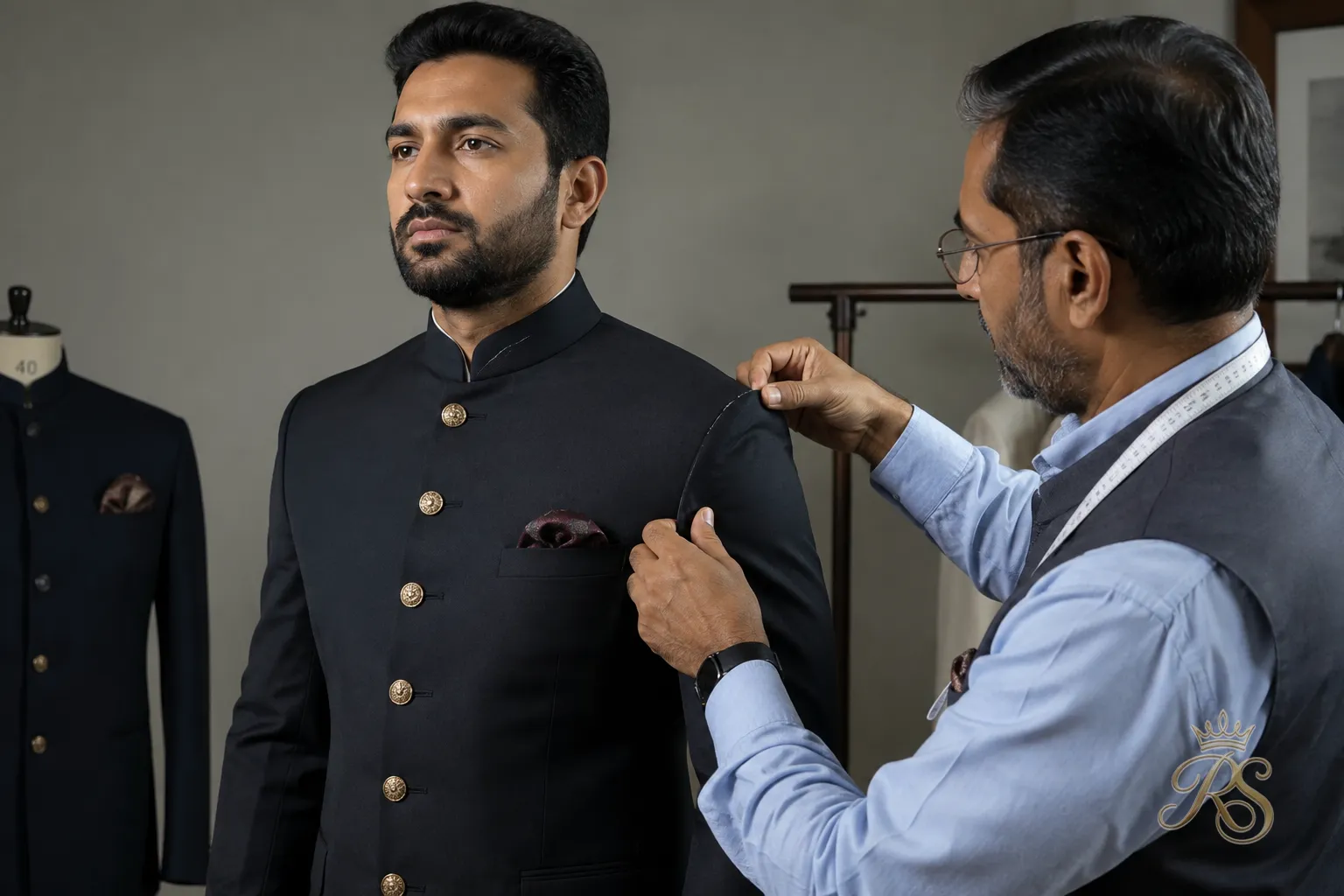 Broad-shouldered groom fitted in a tailored bandhgala jacket by a tailor