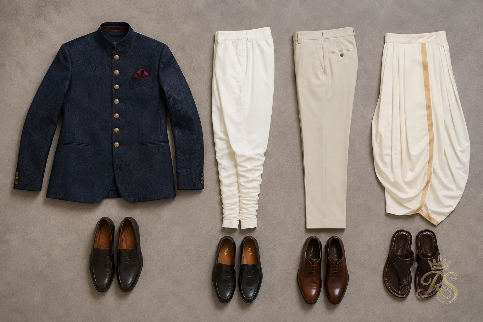 Groom's outfit flatlay showing bandhgala jacket paired with churidar, trousers, and dhoti pants options