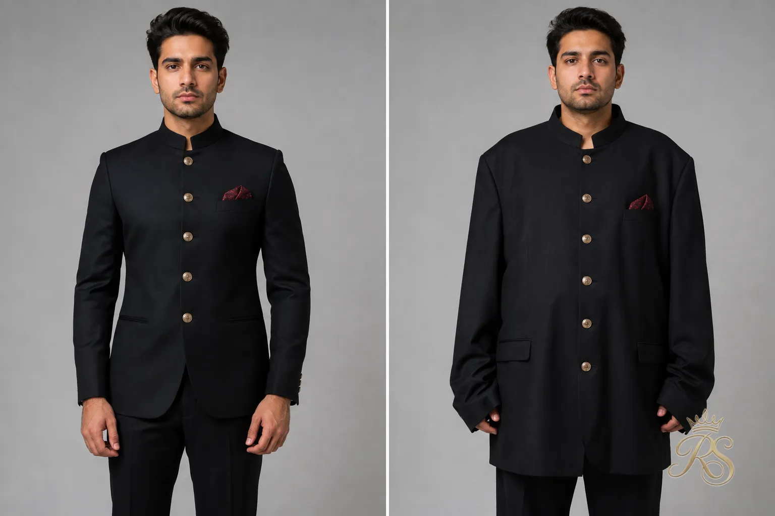 Side-by-side comparison of a well-fitted bandhgala jacket versus an ill-fitting loose one