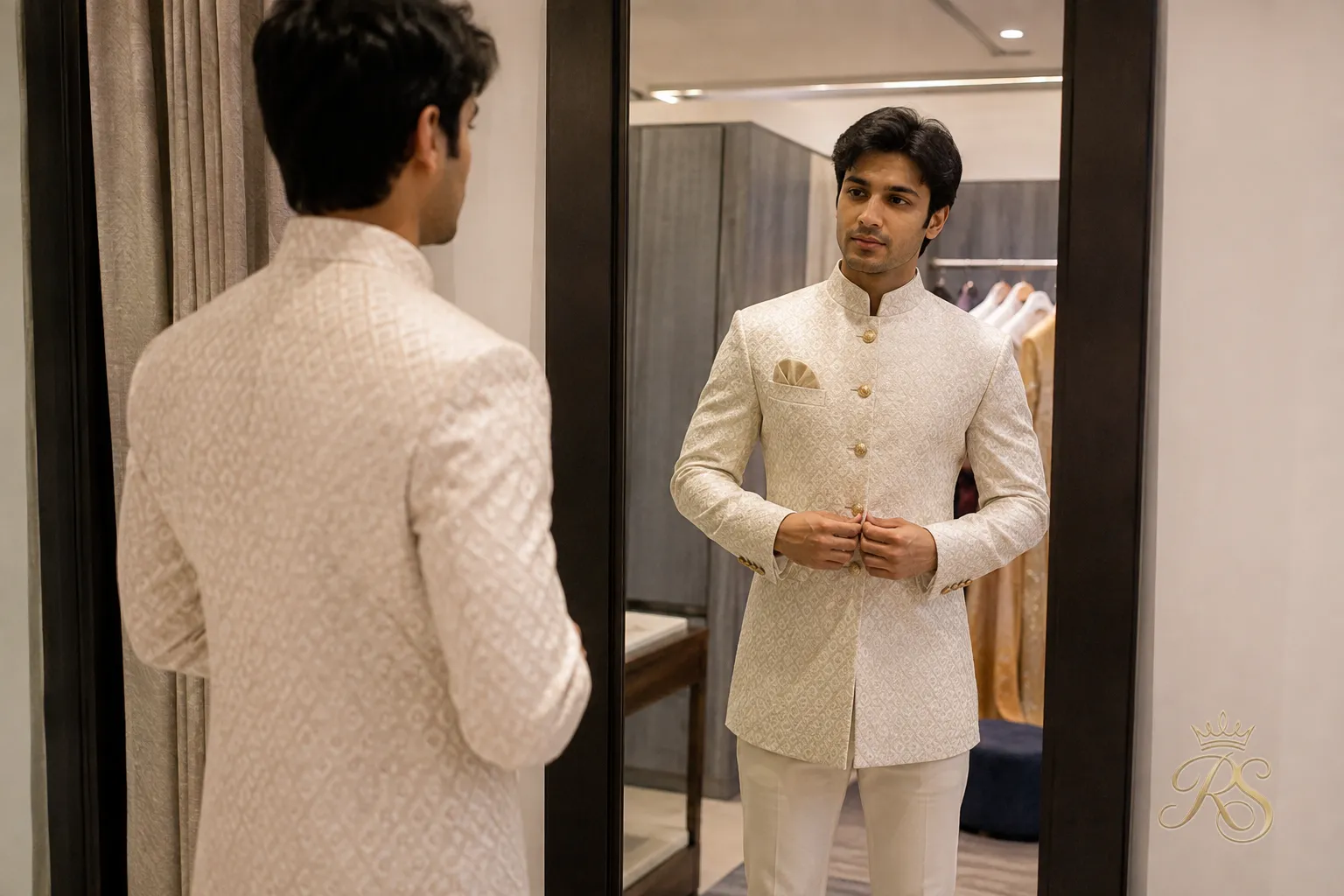 Slim-built groom trying on a fitted bandhgala jacket in front of a mirror
