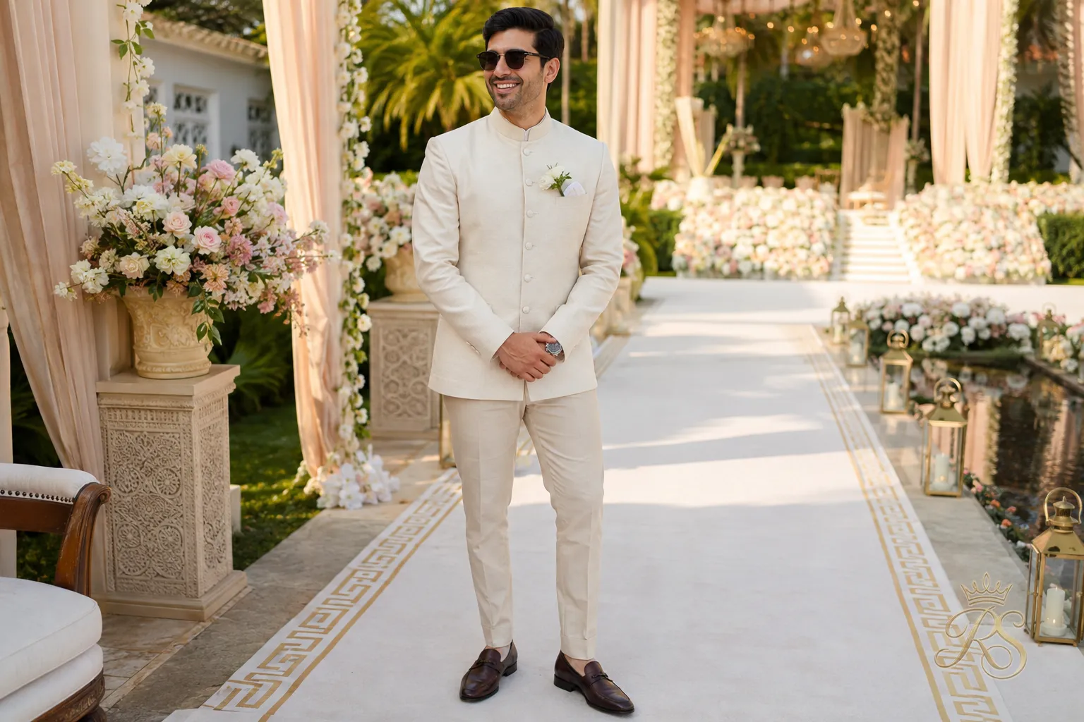 Groom wearing a lightweight linen bandhgala jacket for a summer daytime wedding