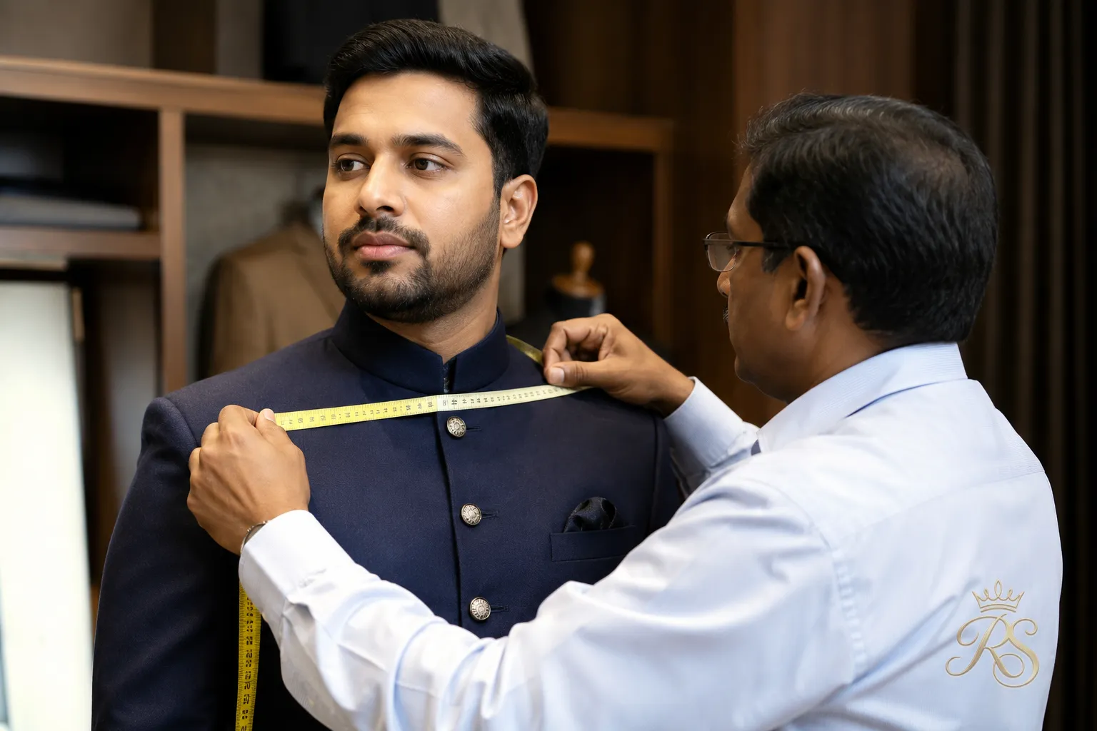Tailor measuring a groom for a custom bandhgala jacket fitting