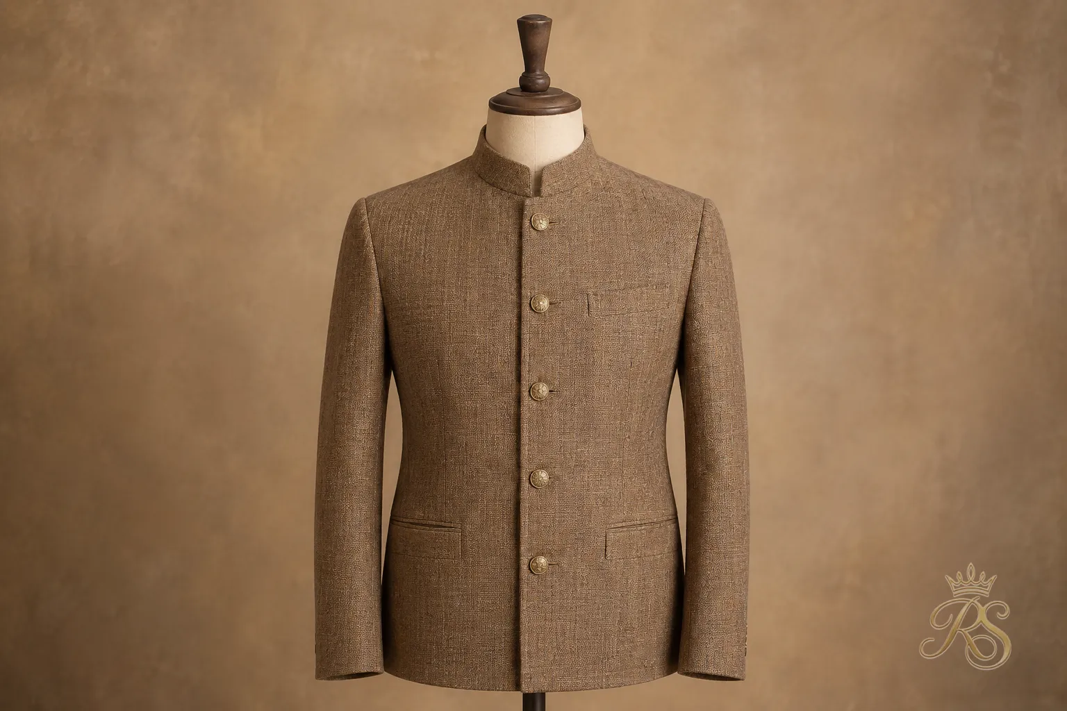 Vintage-inspired bandhgala jacket with Nehru-style collar detailing on a mannequin