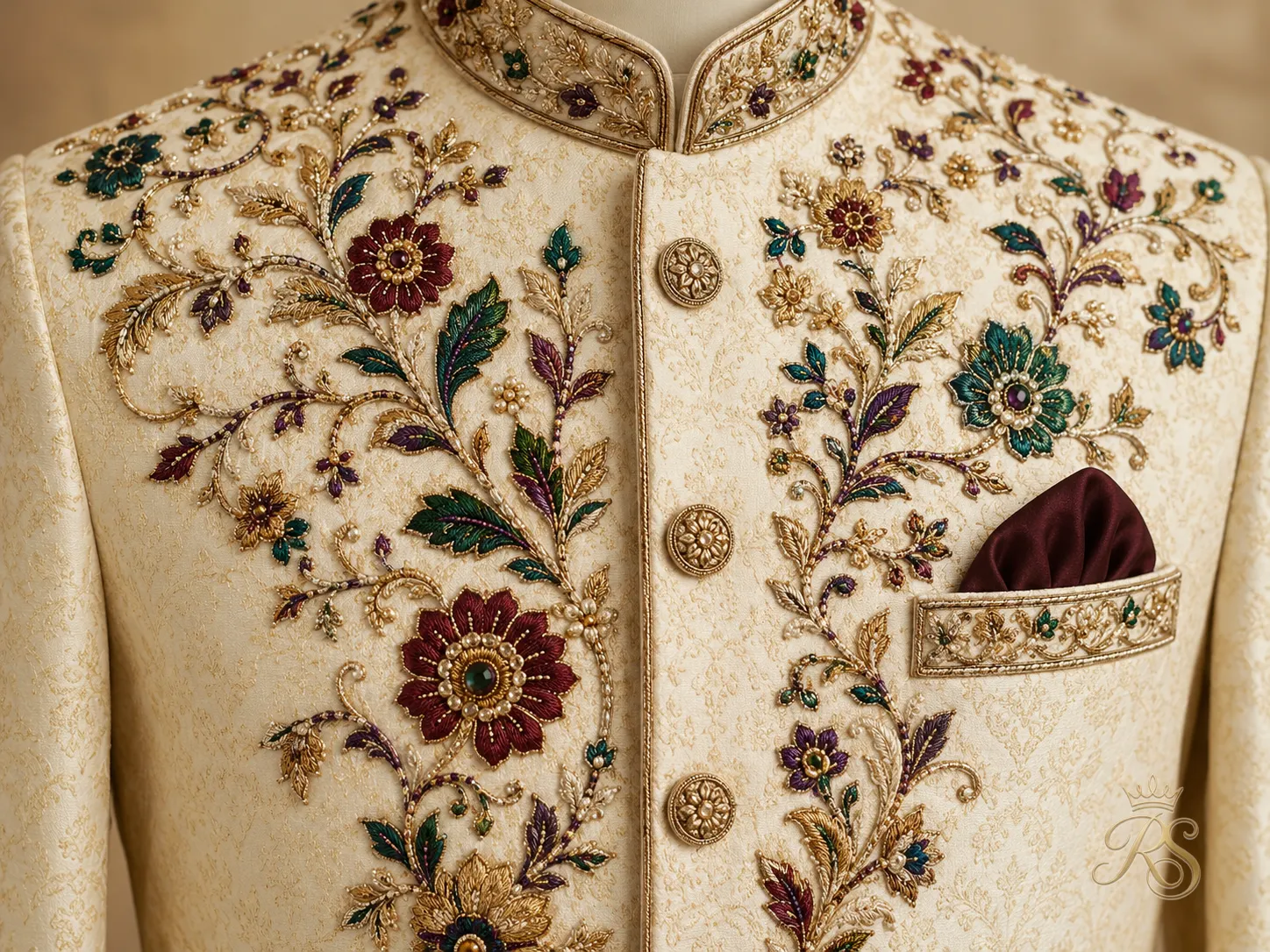 Aari work hand embroidery in jewel tones on cream sherwani body