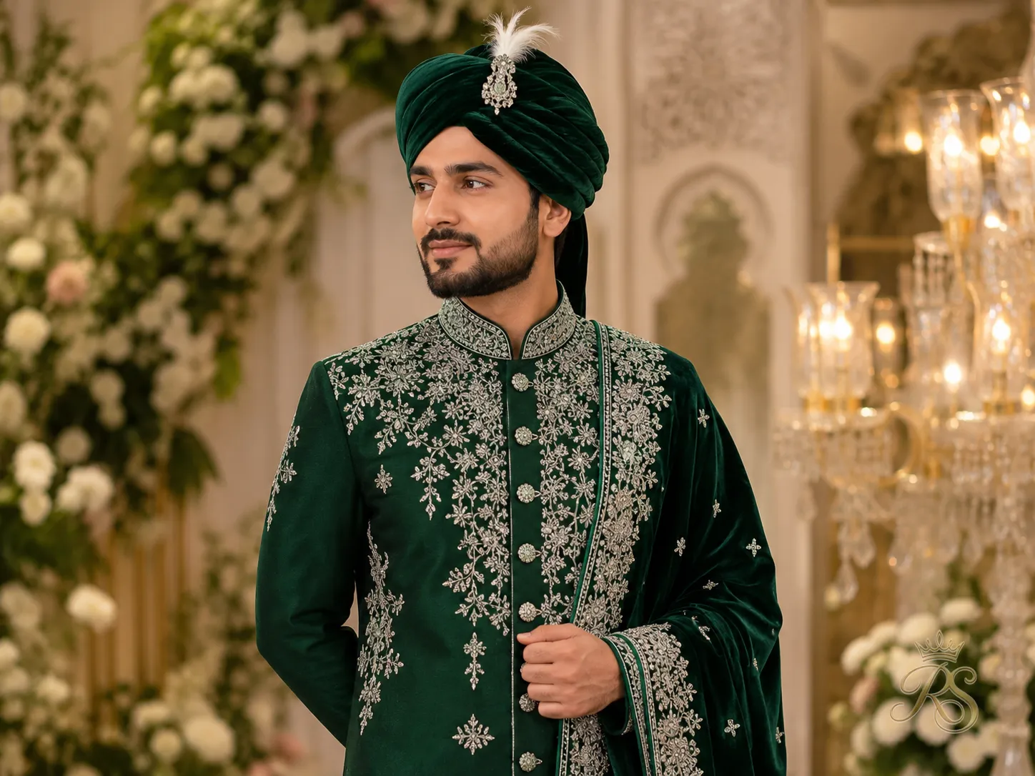 Groom in emerald green sherwani with intricate silver embroidery