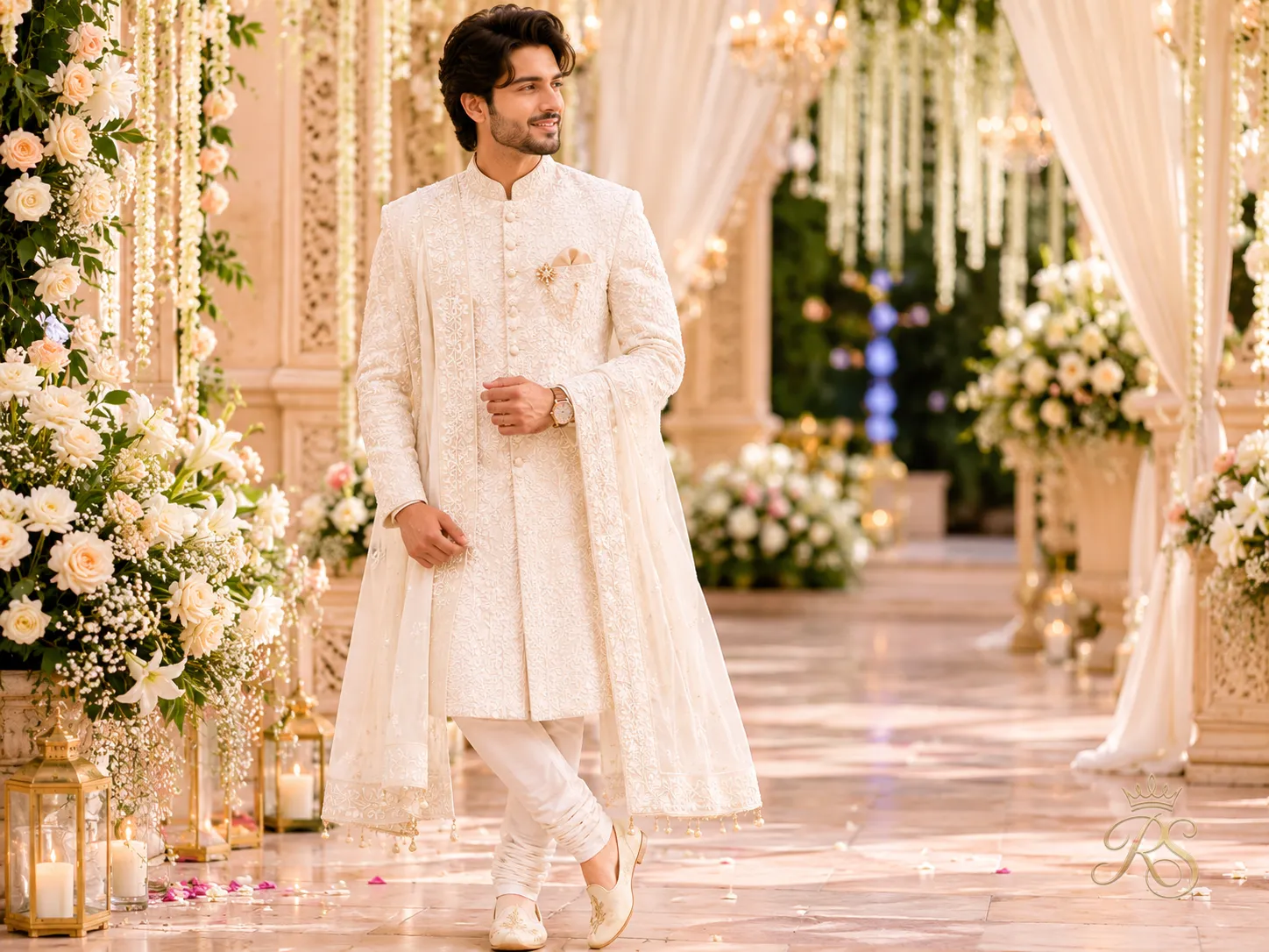 Groom in ivory chikankari sherwani with churidar and embroidered dupatta