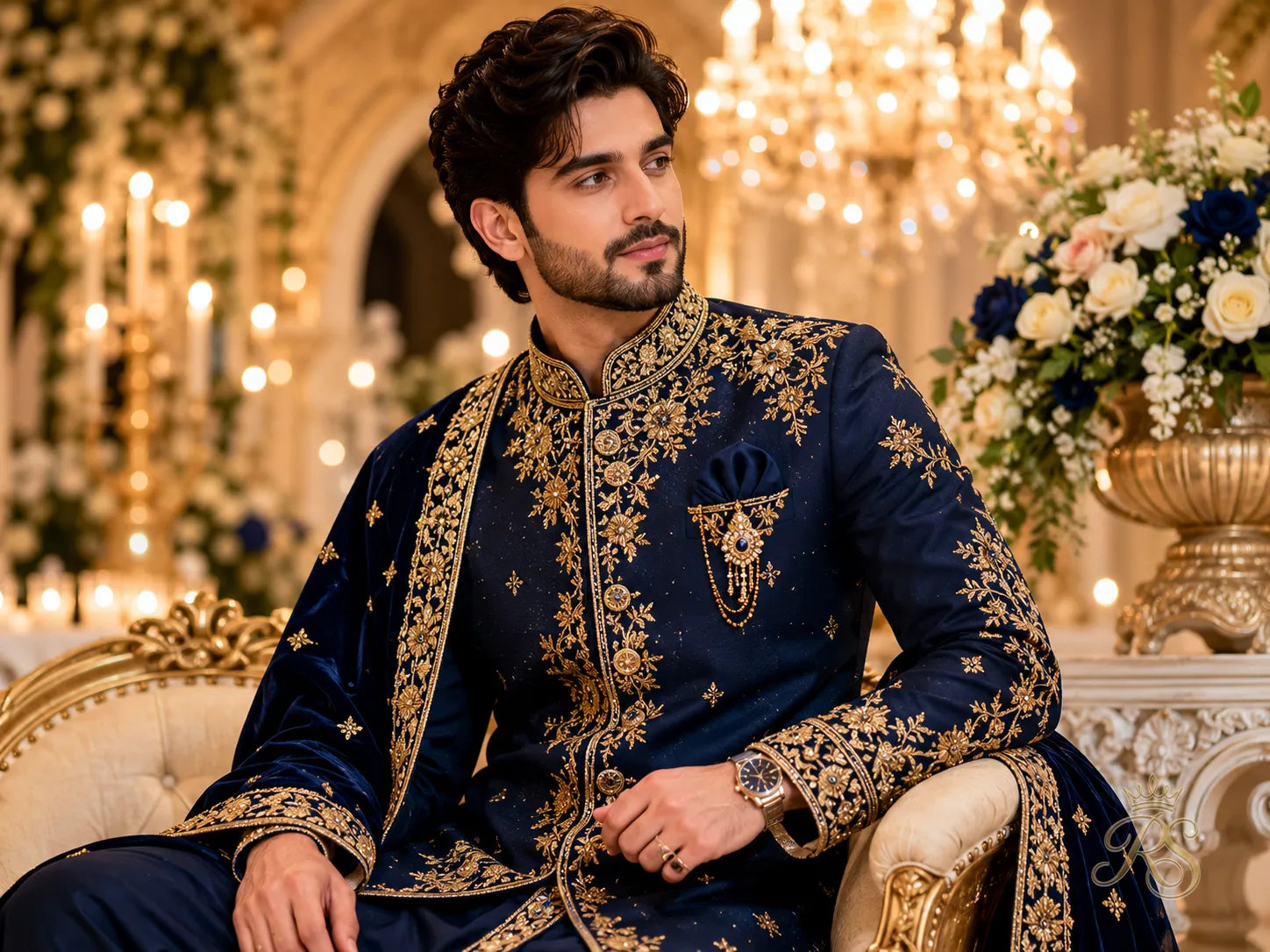 Groom in navy blue embroidered sherwani with gold zardozi work