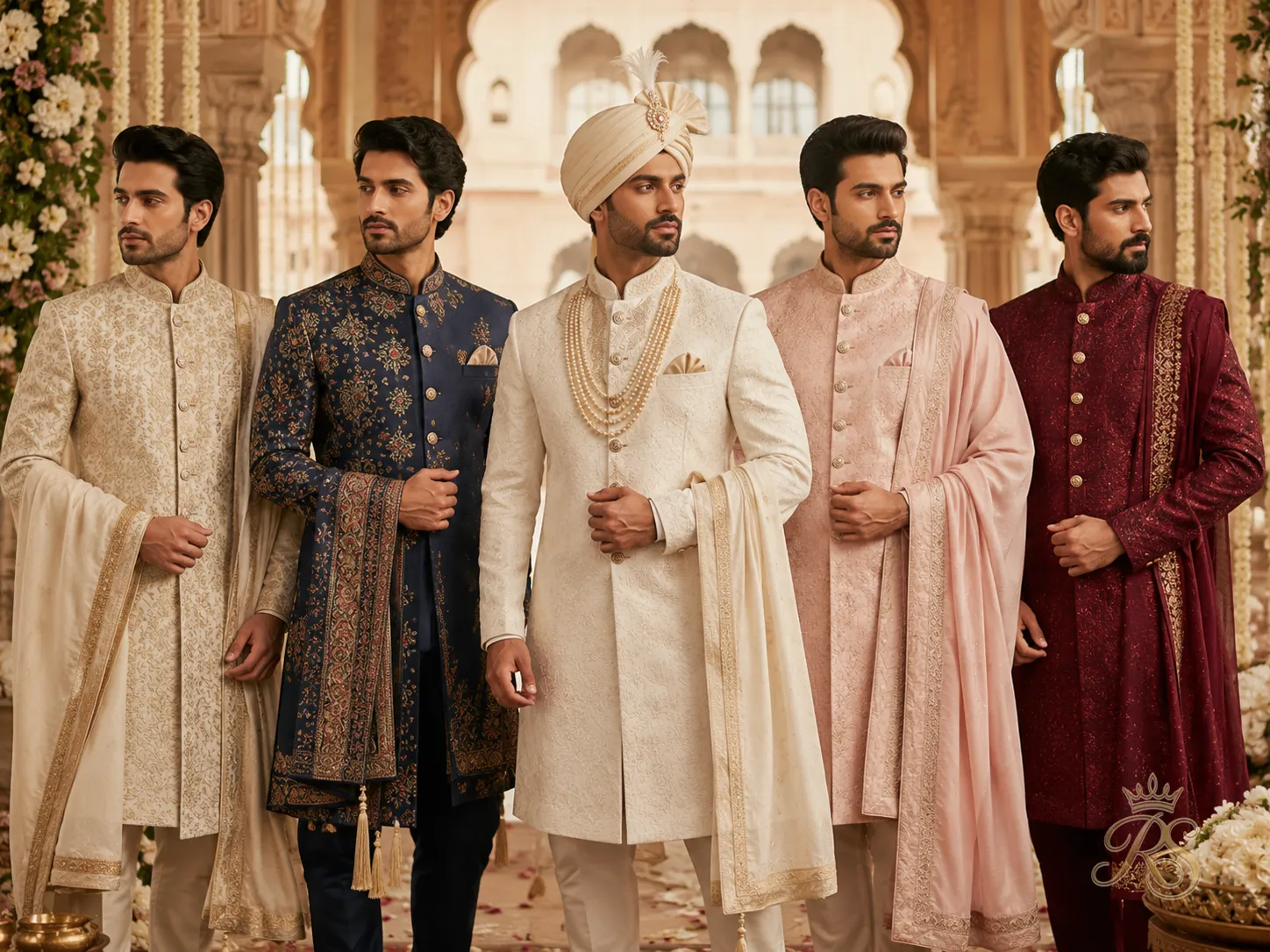 Groom wearing an elegant sherwani in rich fabric, editorial pose, intricate embroidery and regal styling