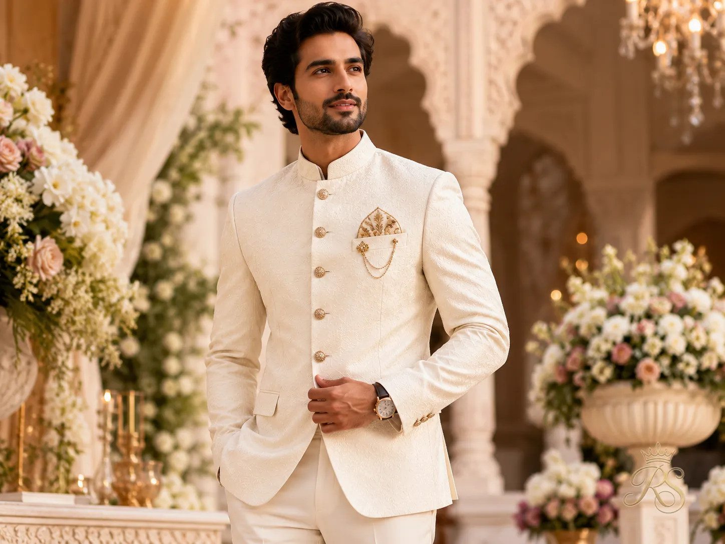 Groom in ivory Indo-Western bandhgala blazer with tailored trousers and embroidered pocket square