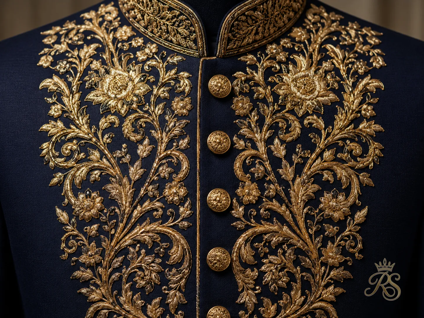 Zardozi gold metallic embroidery on navy blue sherwani chest panel