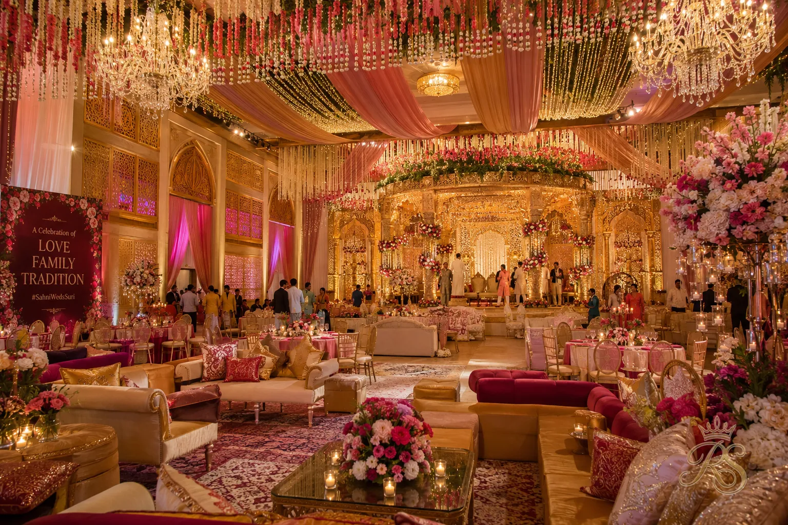 Grand Indian wedding celebration hall decorated for a multi-day festive wedding