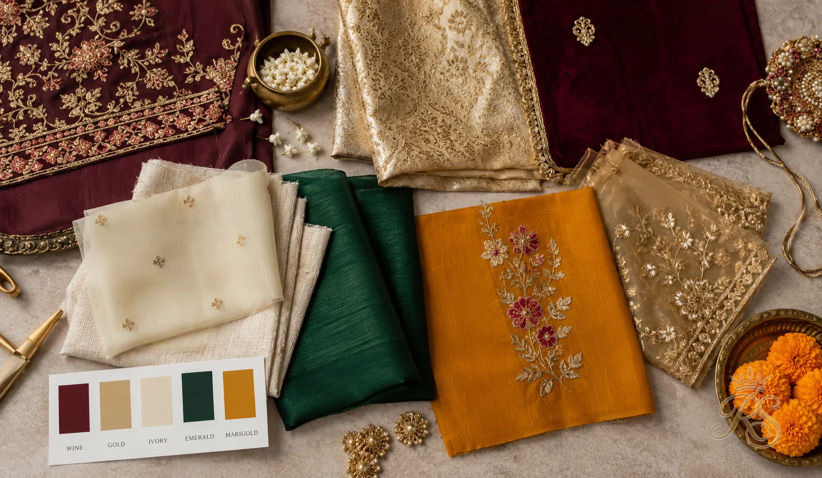 Flatlay of Indian wedding fabric swatches in wine, gold, ivory, emerald and marigold tones