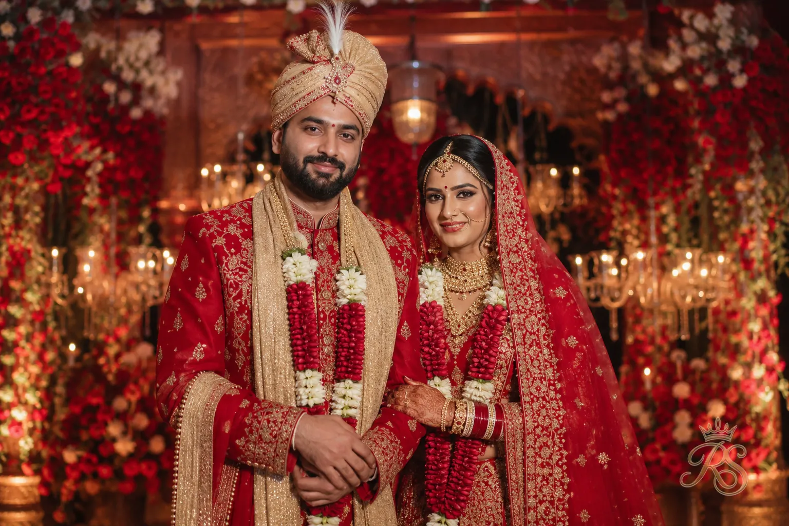 Indian wedding couple in coordinated red and gold outfits, traditional wedding portrait