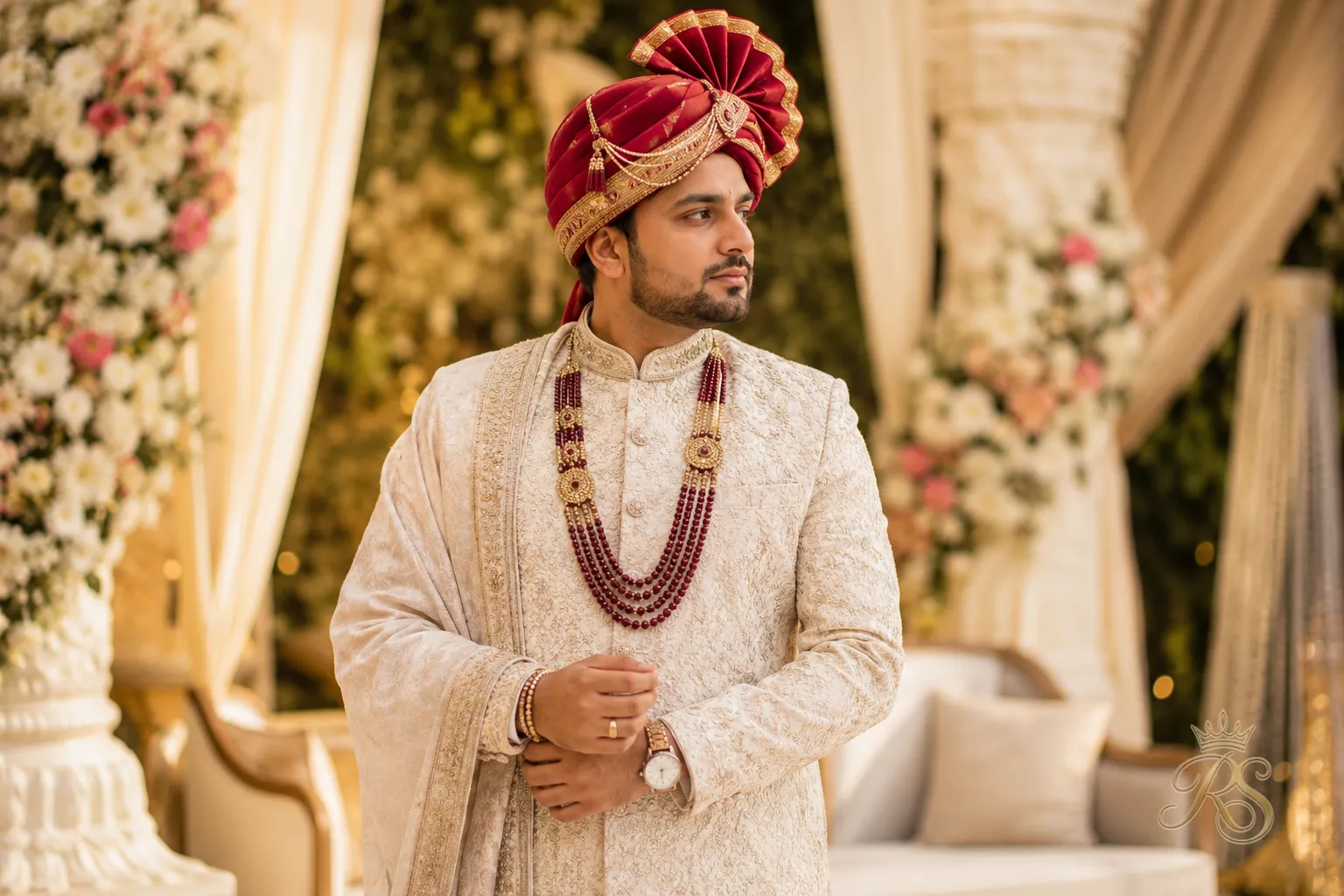 Groom in a hand-embroidered sherwani with a contrast turban and layered mala