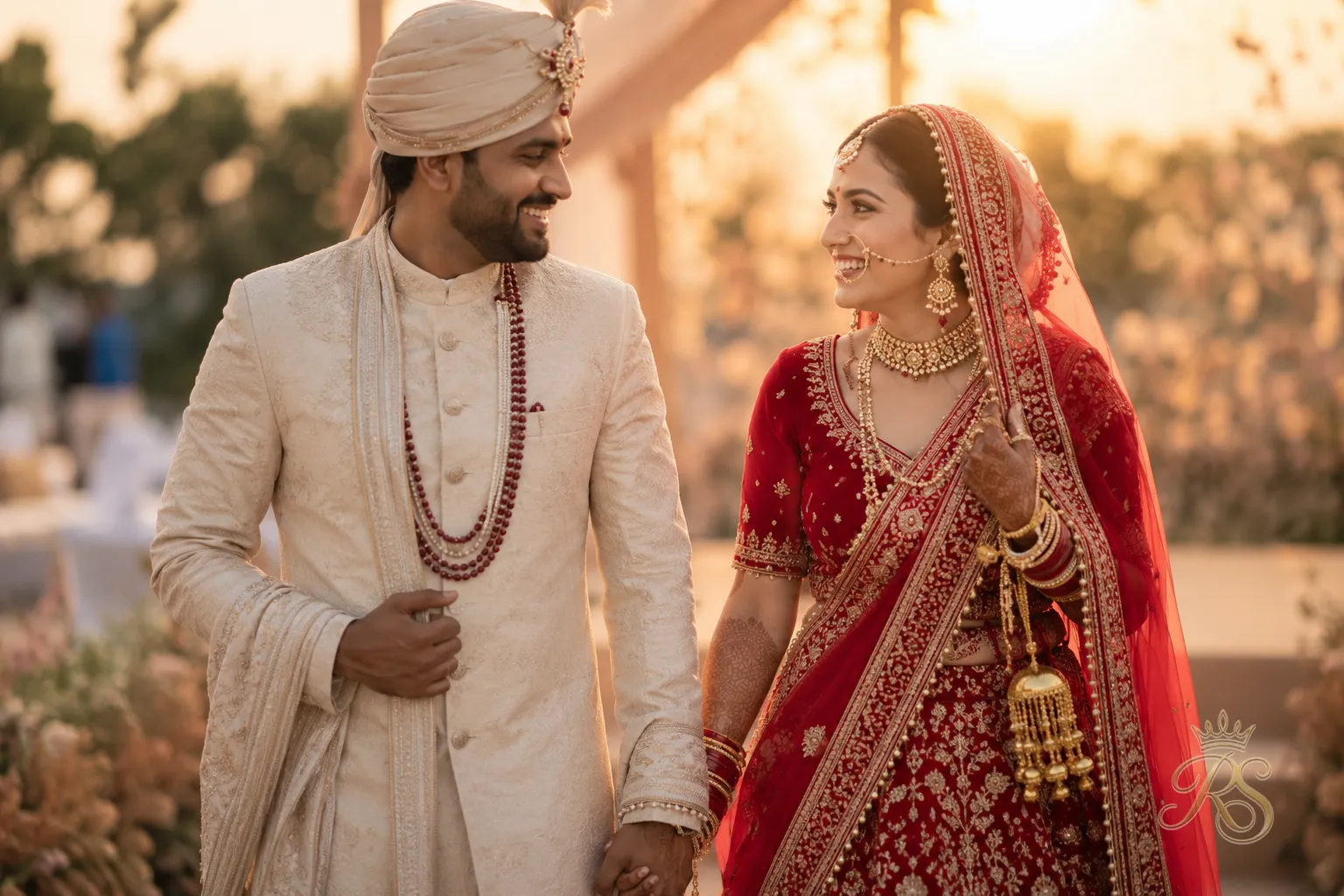 Joyful Indian wedding couple walking together at golden hour, editorial wedding photograph