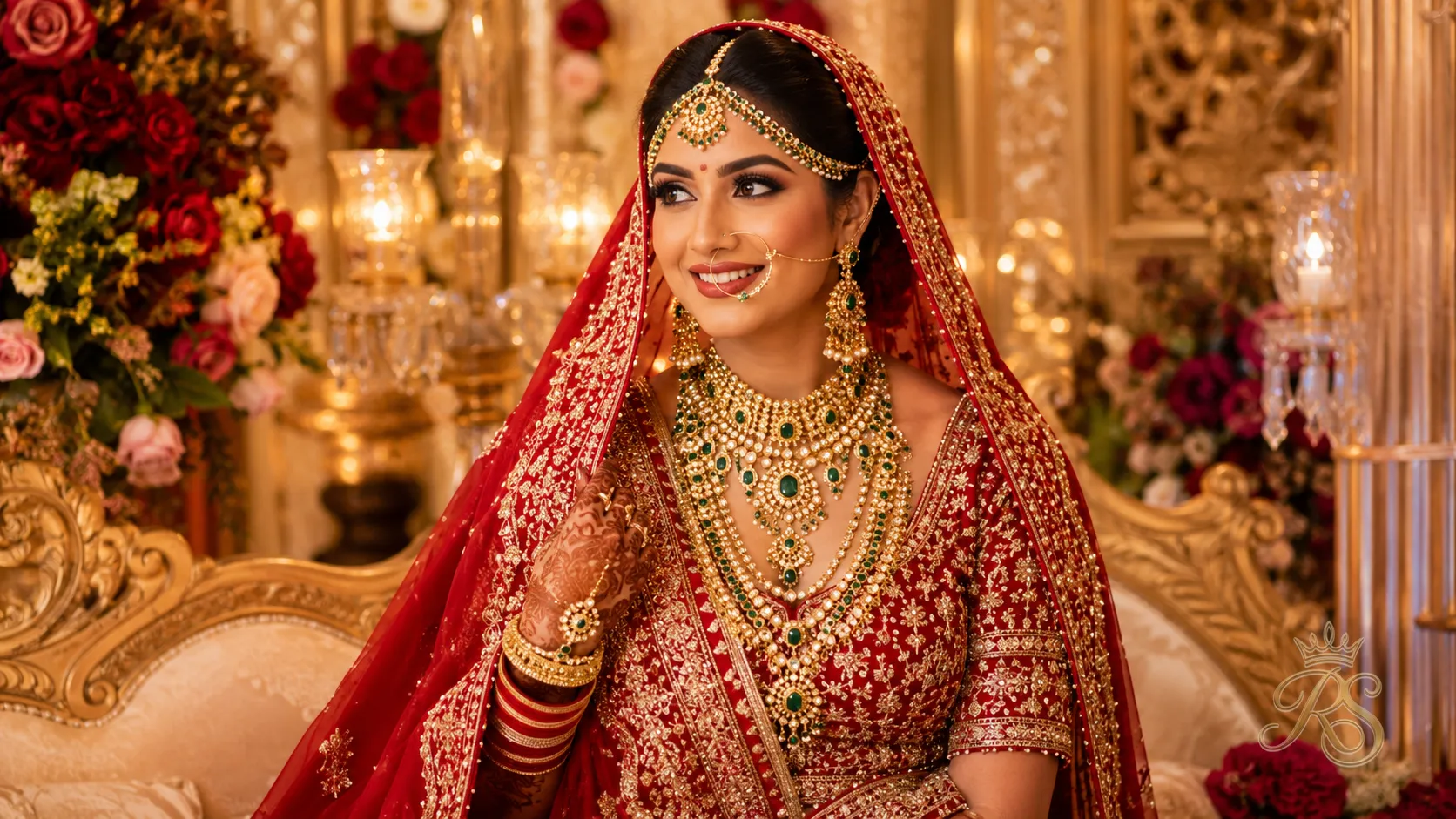Grand Indian bride in rich traditional bridal attire with layered jewellery, festive wedding portrait