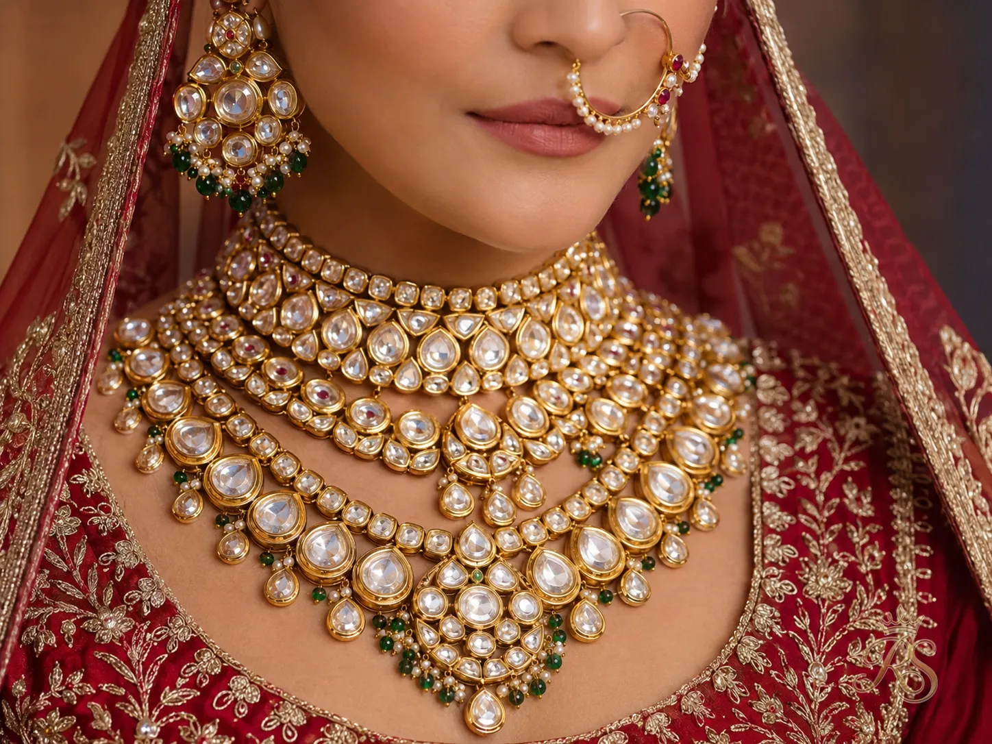 Closeup of layered polki and kundan bridal necklaces with a maang tikka