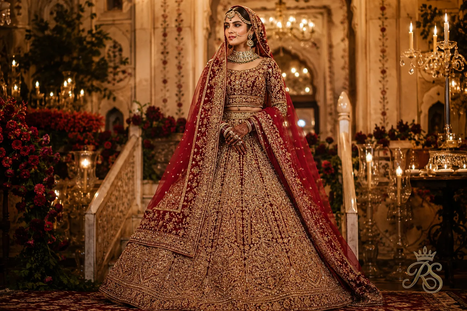 Bride in a heavily embroidered structured zardozi bridal lehenga with dupatta