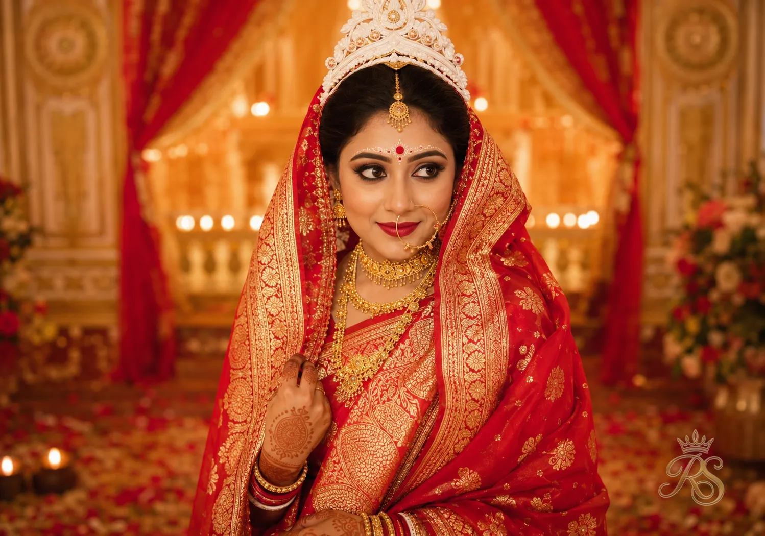 Bengali bride with dupatta draped in traditional Bengali bridal style with a red and gold border