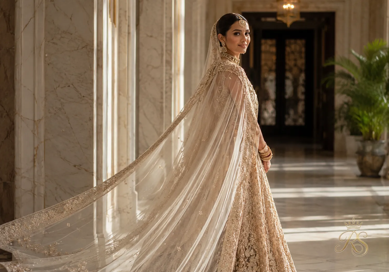 Bride wearing a cape-style dupatta drape flowing behind her like a train