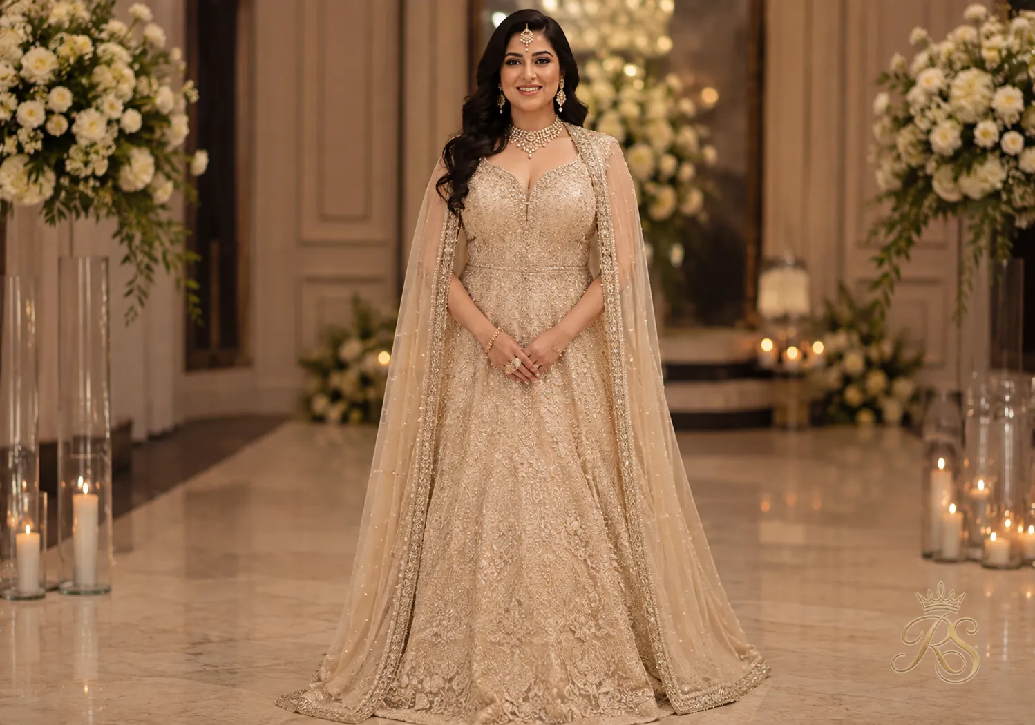 Curvy bride wearing a structured cape-style dupatta drape
