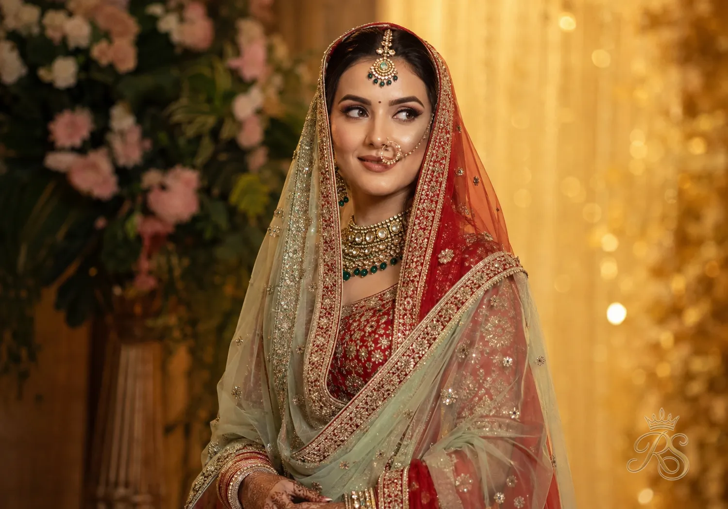 Bride wearing a double dupatta drape with two contrasting dupattas layered over her shoulders