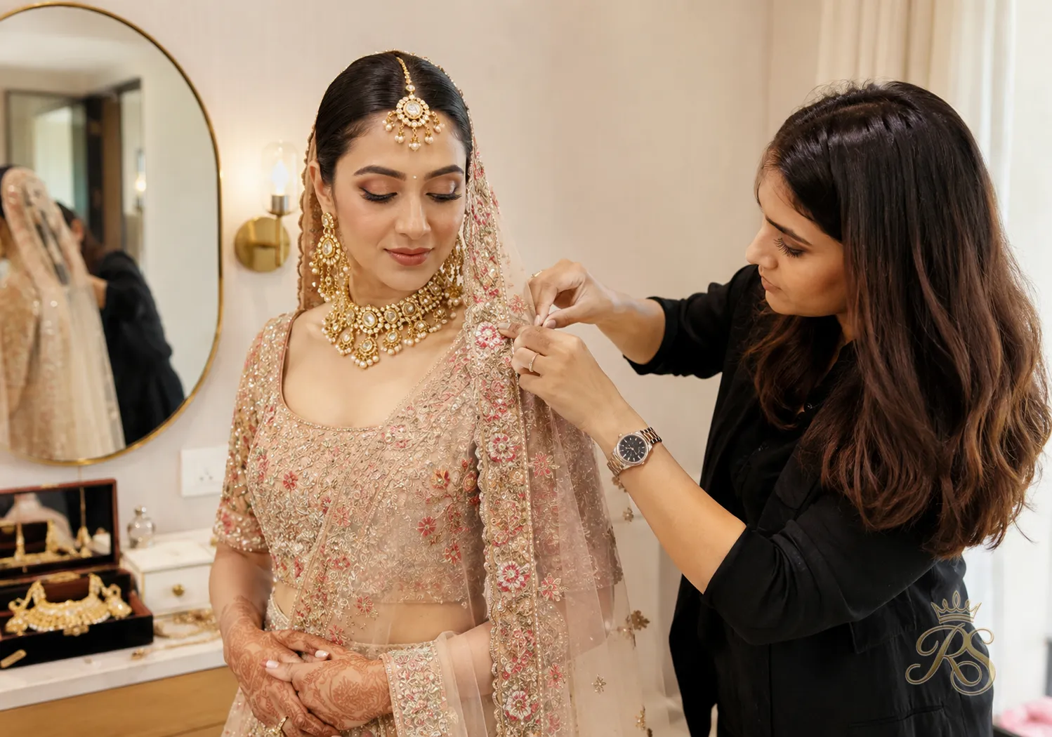 Bridal stylist adjusting and pinning a dupatta on a bride before the wedding ceremony