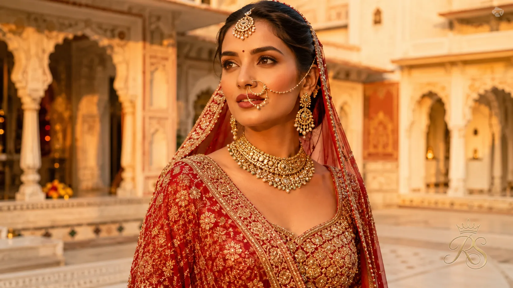 Bride in a heavy embroidered lehenga with her dupatta elegantly draped over one shoulder