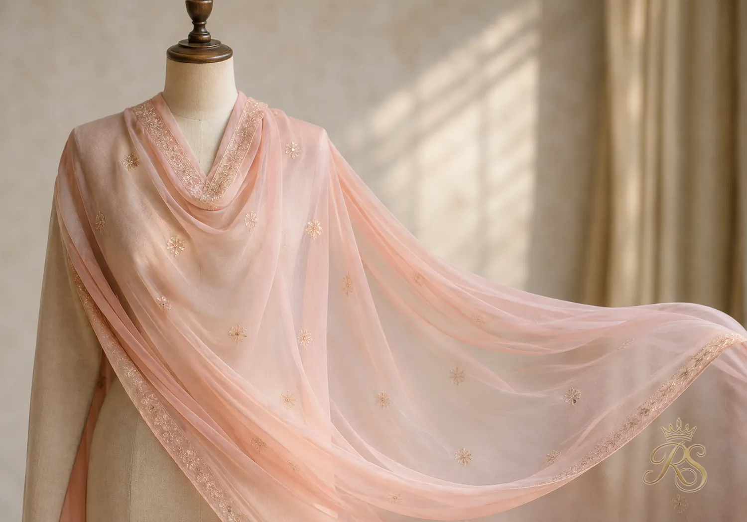 Lightweight flowing georgette dupatta fabric draped over a mannequin