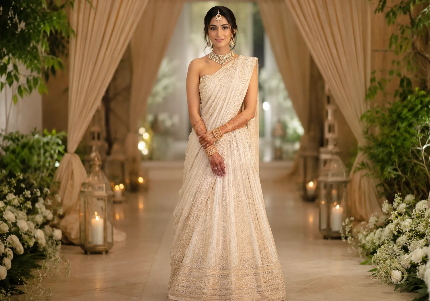 Petite bride wearing a one-shoulder dupatta drape that elongates her frame