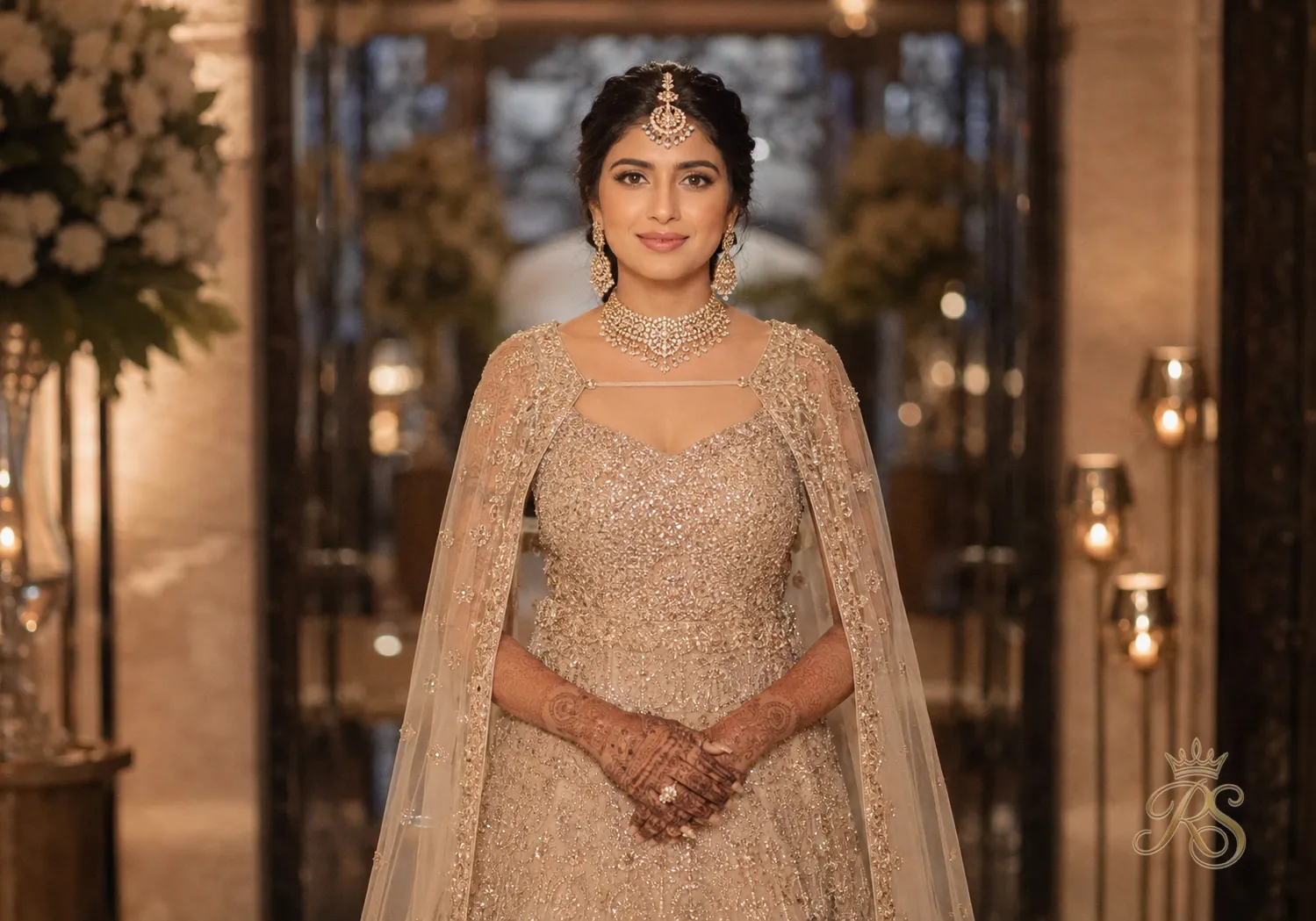 Bride wearing a pre-stitched cape dupatta with a fitted shoulder attachment