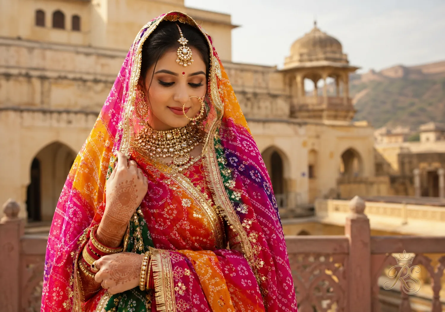 Rajasthani bride wearing an odhni dupatta drape with traditional bandhani print