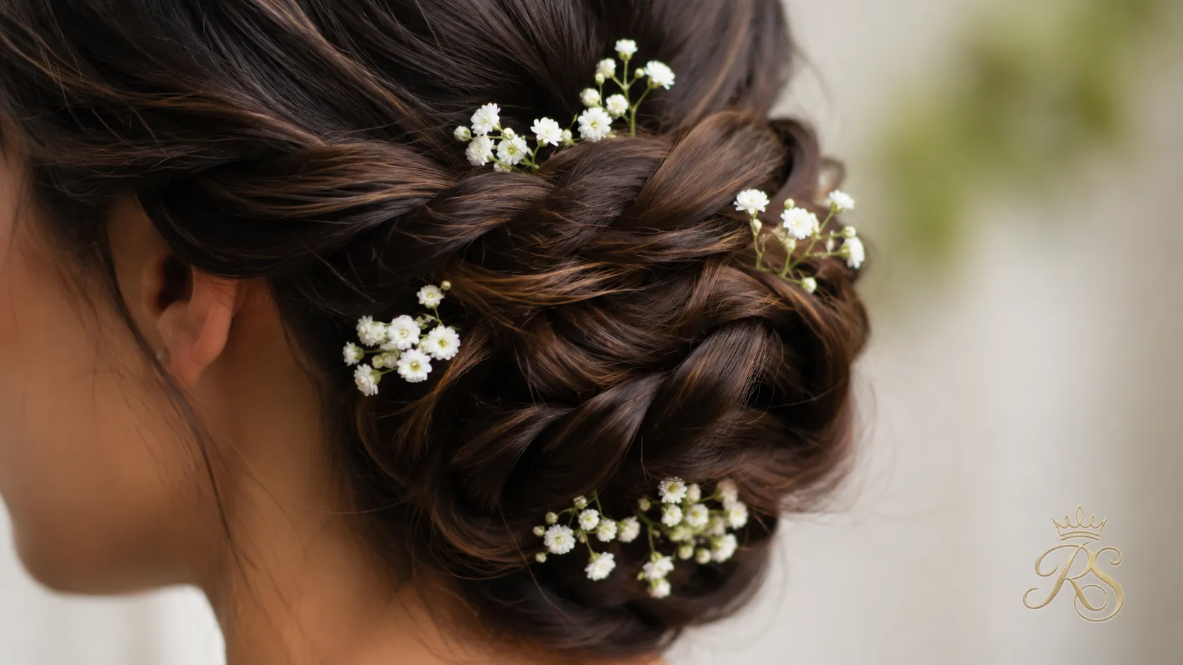 Braided bun decorated with small fresh flowers