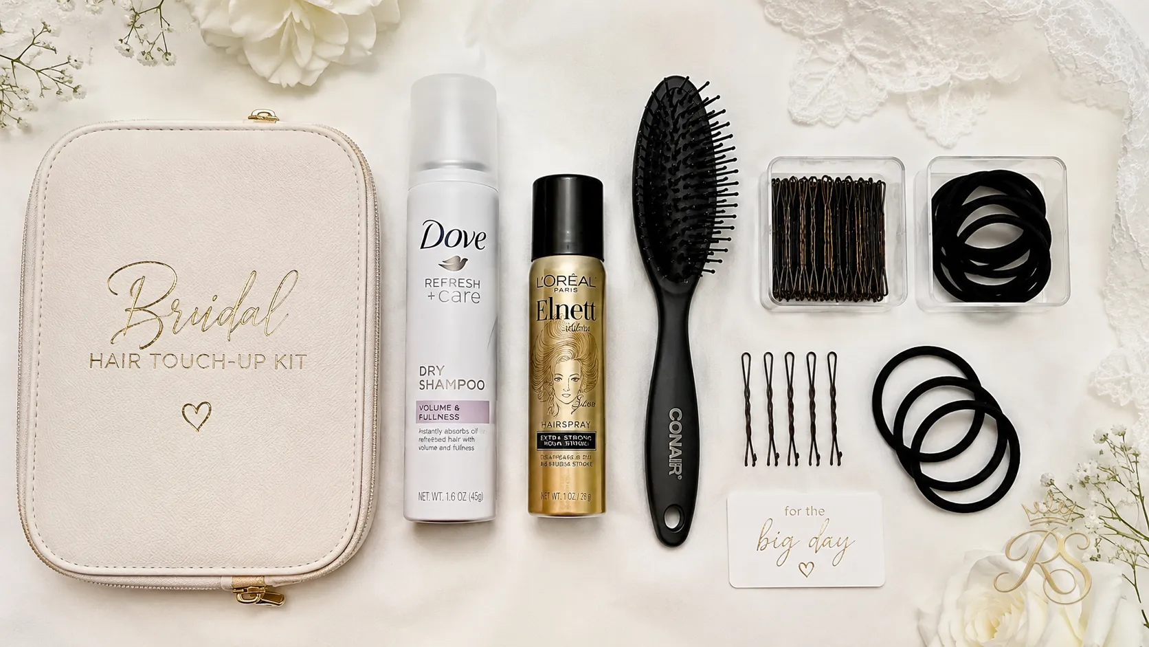 Flatlay of a bridal hair touch-up kit with bobby pins, dry shampoo and mini hairspray