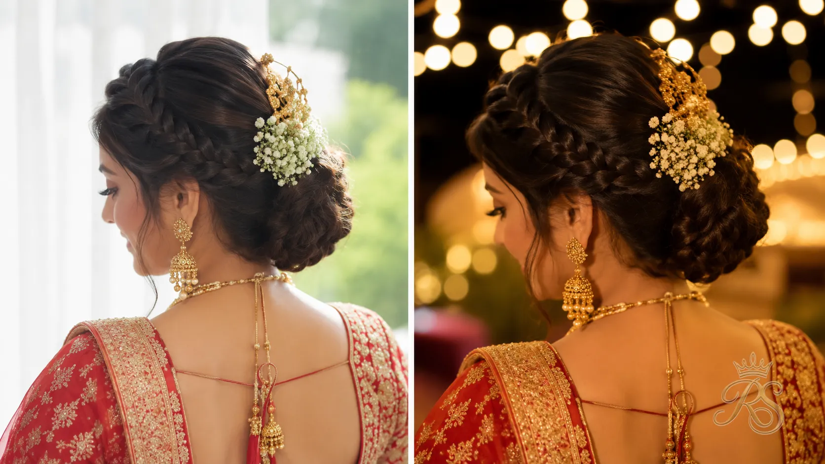 Split image showing a bride's hairstyle fresh in the morning and still intact late at night