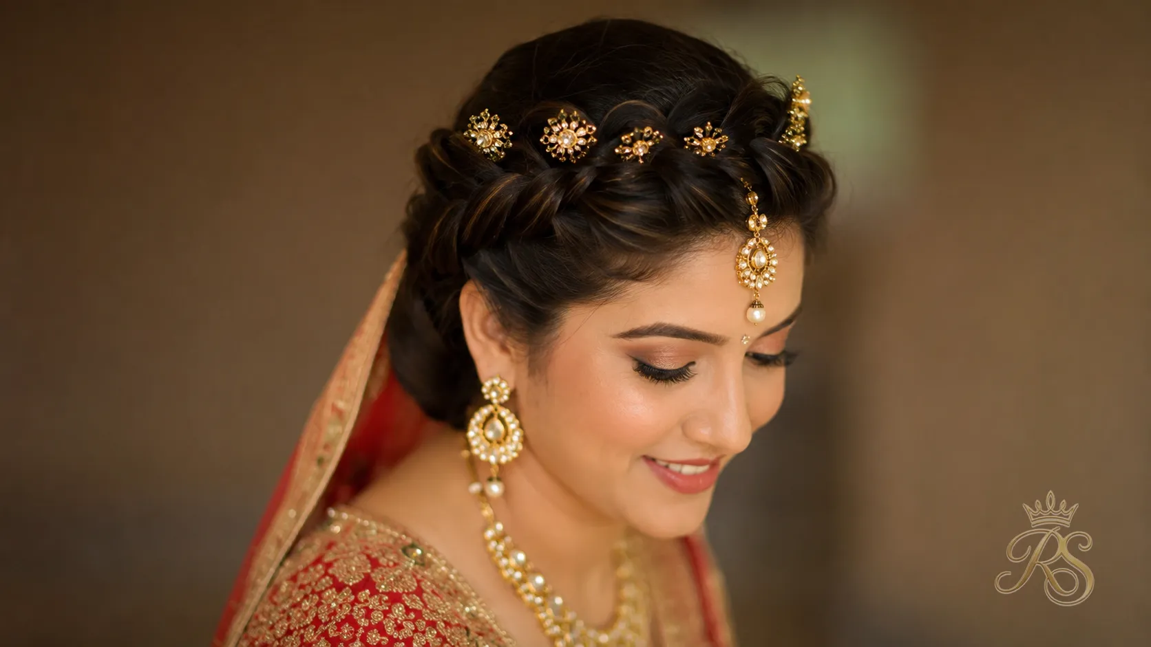 Bride with a dutch braid styled into a crown around the head