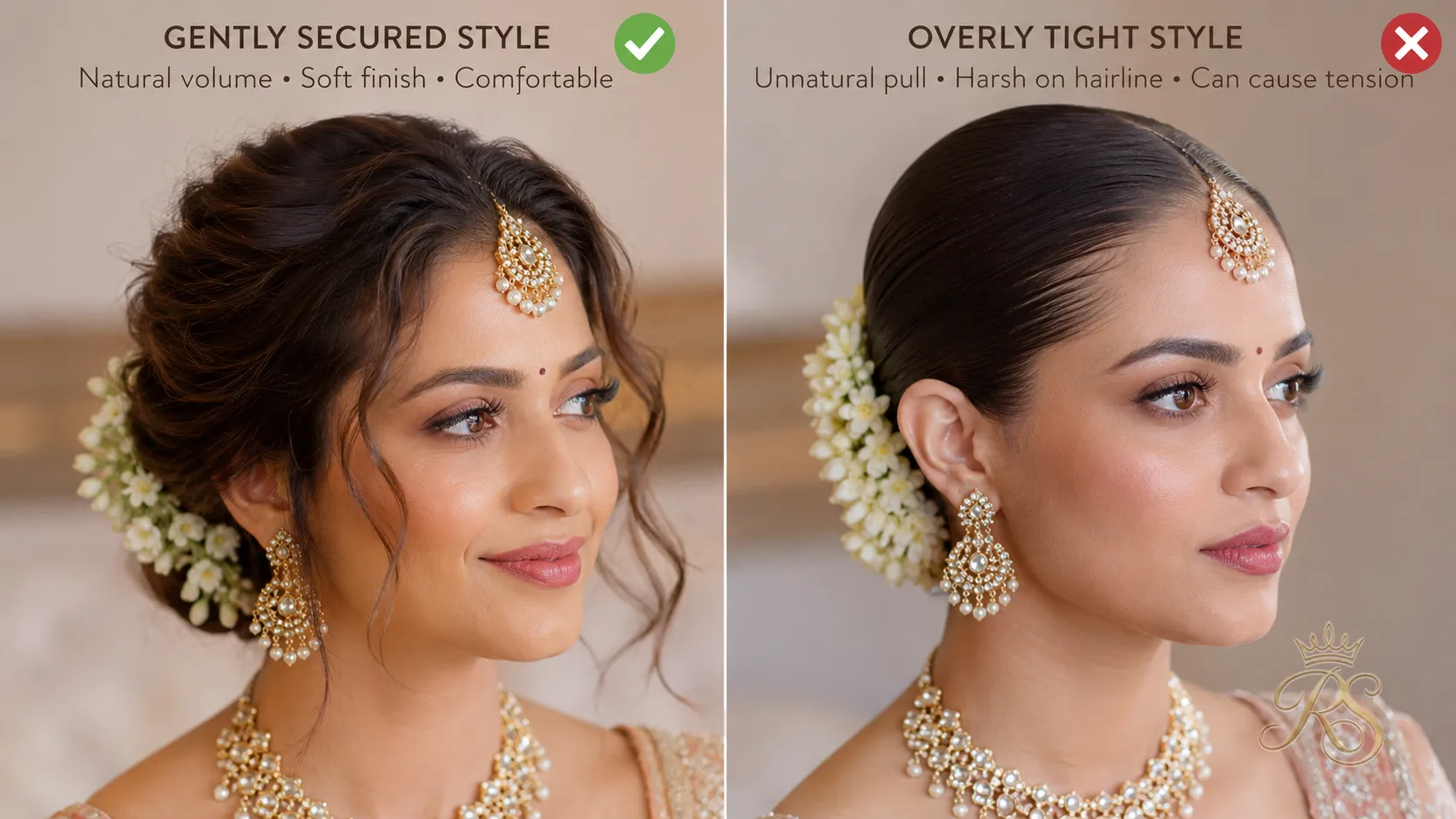 Close-up showing correct gentle hair tension versus overly tight pulled hairstyle