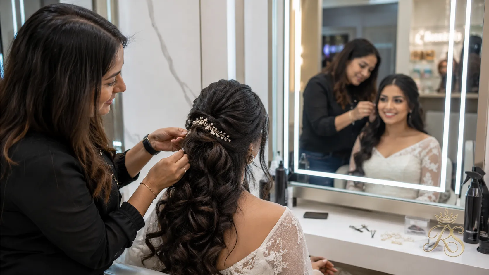 Bride and hairstylist during a bridal hair trial session