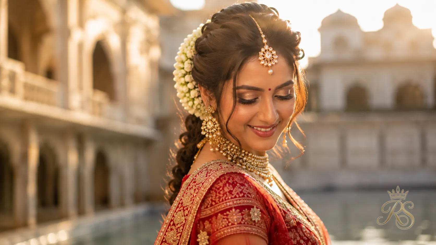 Luxury Indian bride with an elaborate floral braided updo and gold jewelry at golden hour