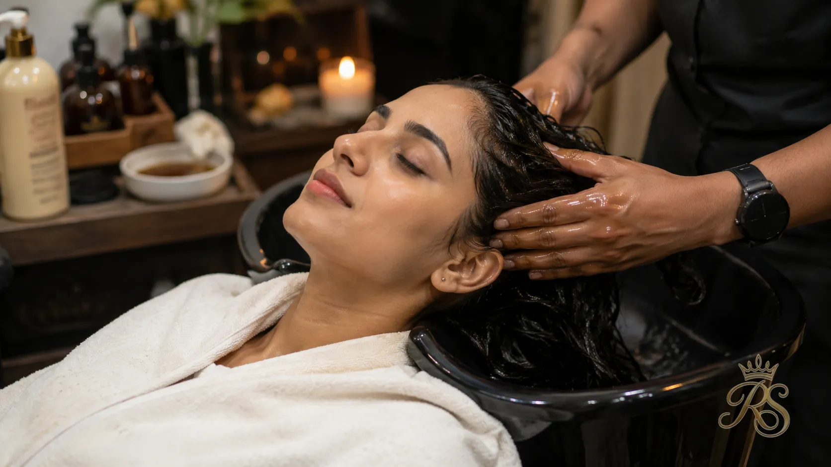 Bride receiving a deep conditioning hair spa treatment before her wedding