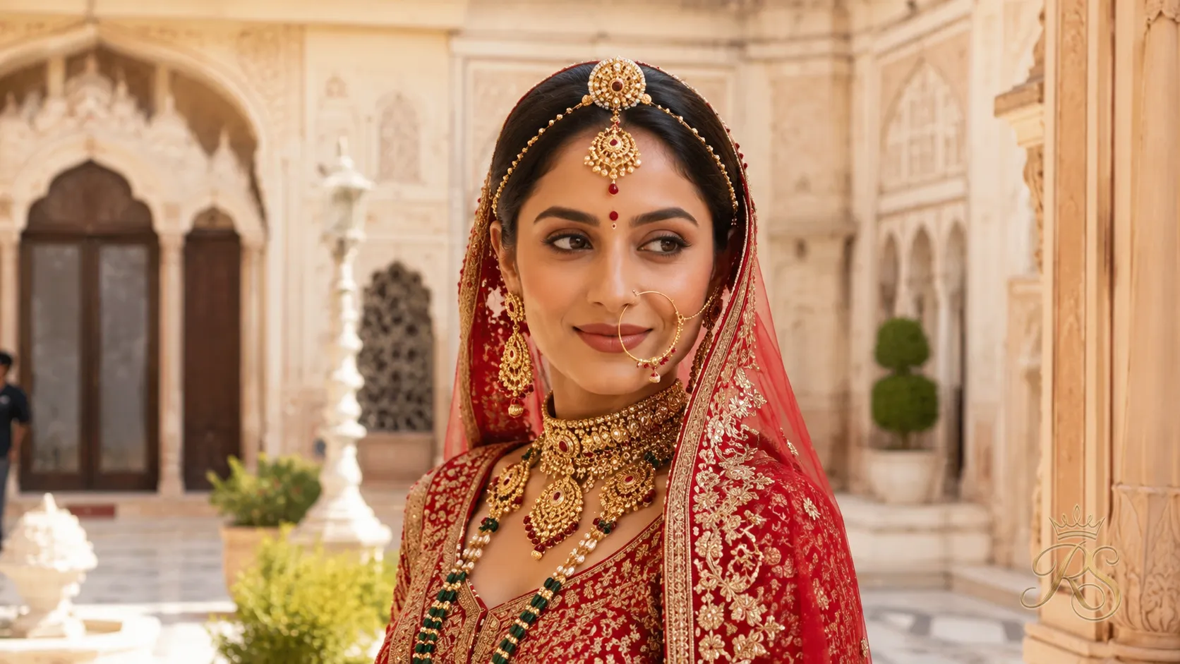Rajasthani bride wearing a borla and maang tikka with a traditional hairstyle