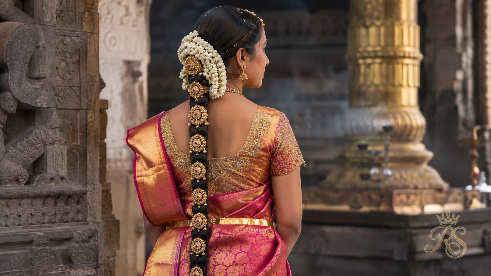 South Indian bride with a jadai nagas hair braid ornament and fresh flowers